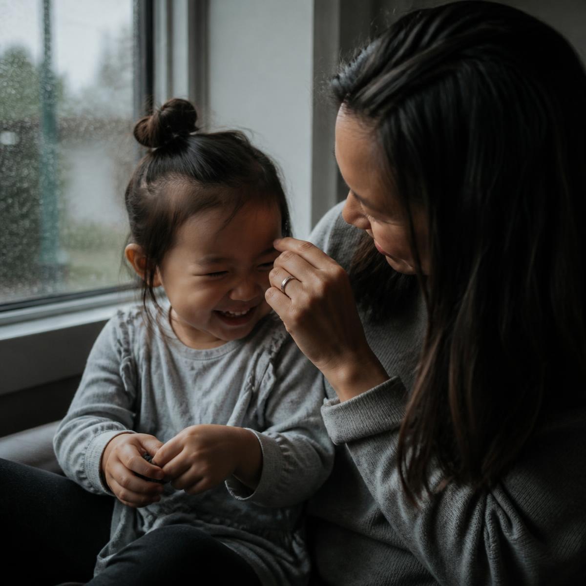 A parent and young child sharing a quiet laugh at home
